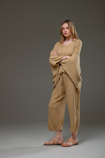 Beige gold sand color Rayon Crepe Full Length elegant pants and fowing batwings Blouse Set
