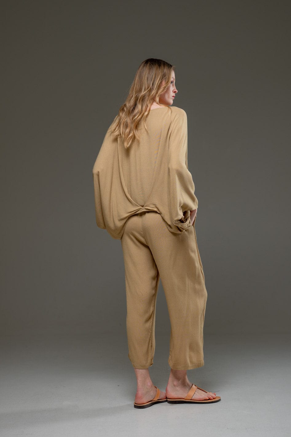 Beige gold sand color Rayon Crepe Full Length elegant pants and fowing batwings Blouse Set