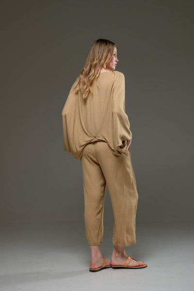 Beige gold sand color Rayon Crepe Full Length elegant pants and fowing batwings Blouse Set