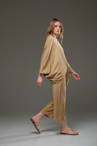 Beige gold sand color Rayon Crepe Full Length elegant pants and fowing batwings Blouse Set