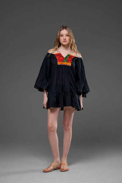 Black Cotton Bell Sleeve Bohemian Camisa Short Dress