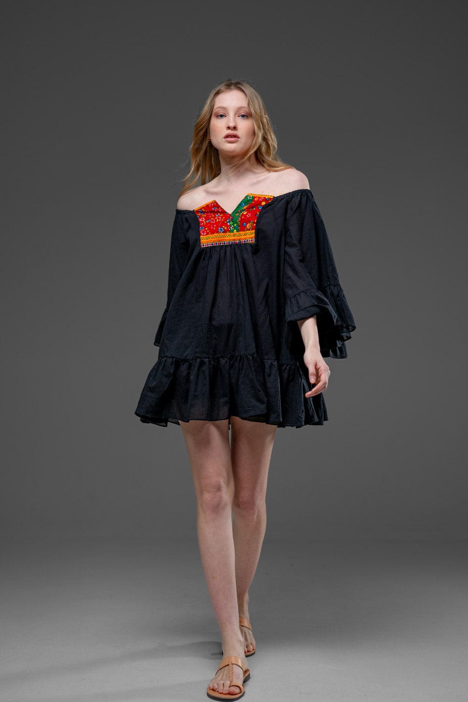 Black Cotton Bell Sleeve Bohemian Camisa Short Dress