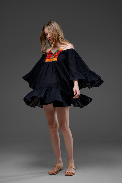 Black Cotton Bell Sleeve Bohemian Camisa Short Dress