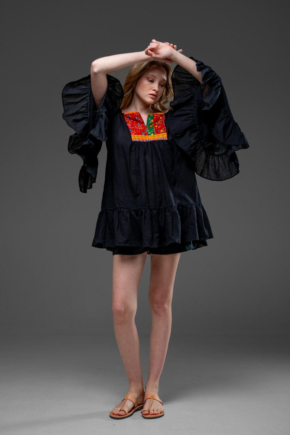 Black Cotton Bell Sleeve Bohemian Camisa Short Dress
