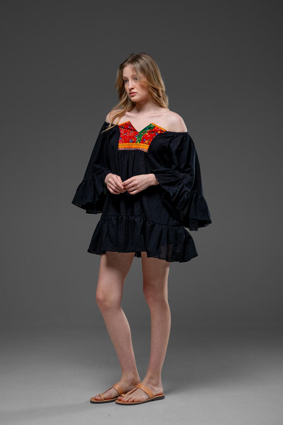 Black Cotton Bell Sleeve Bohemian Camisa Short Dress