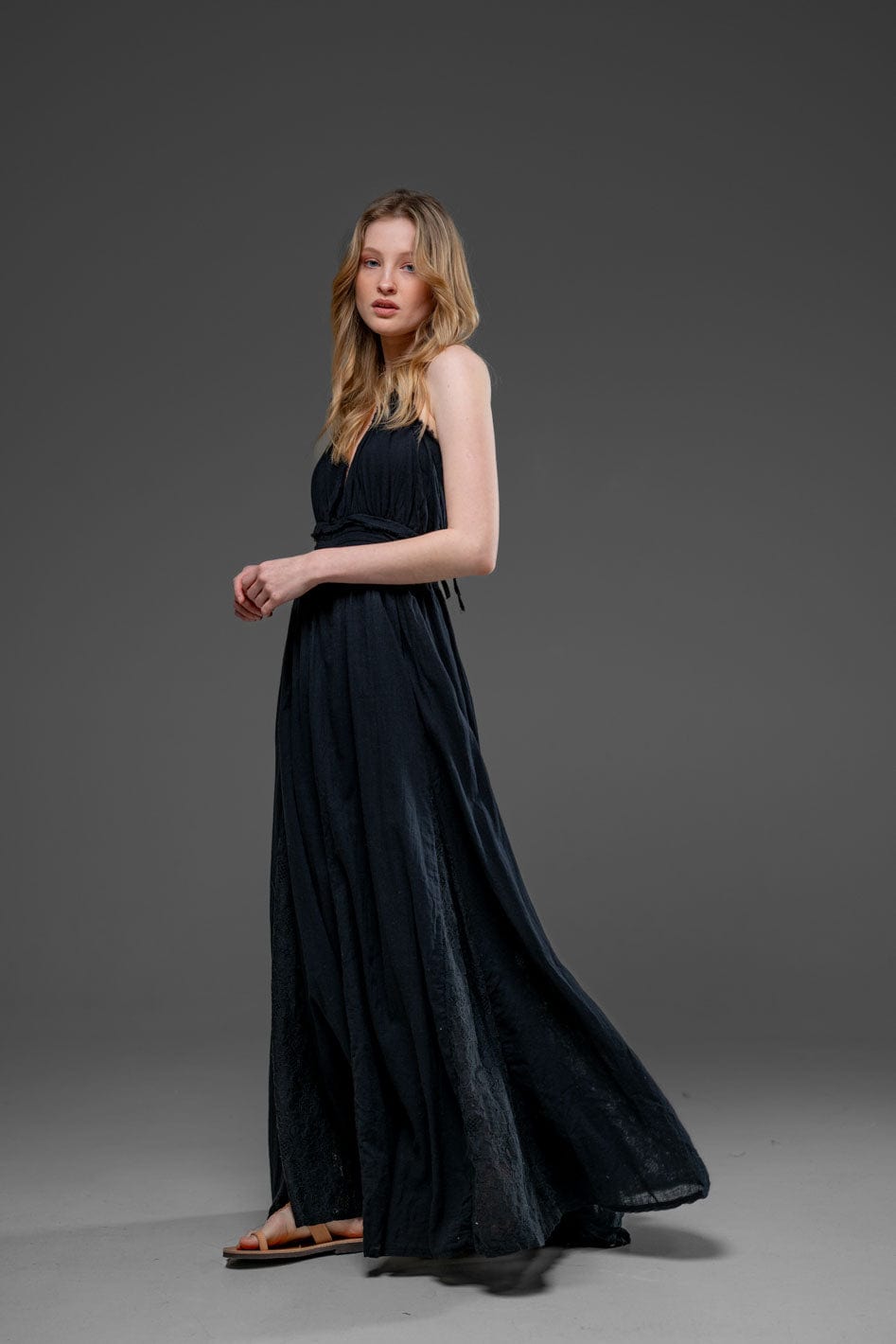 Black Cotton Romantic Lace Detail Strap Long Dress