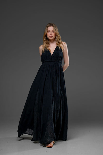 Black Cotton Romantic Lace Detail Strap Long Dress
