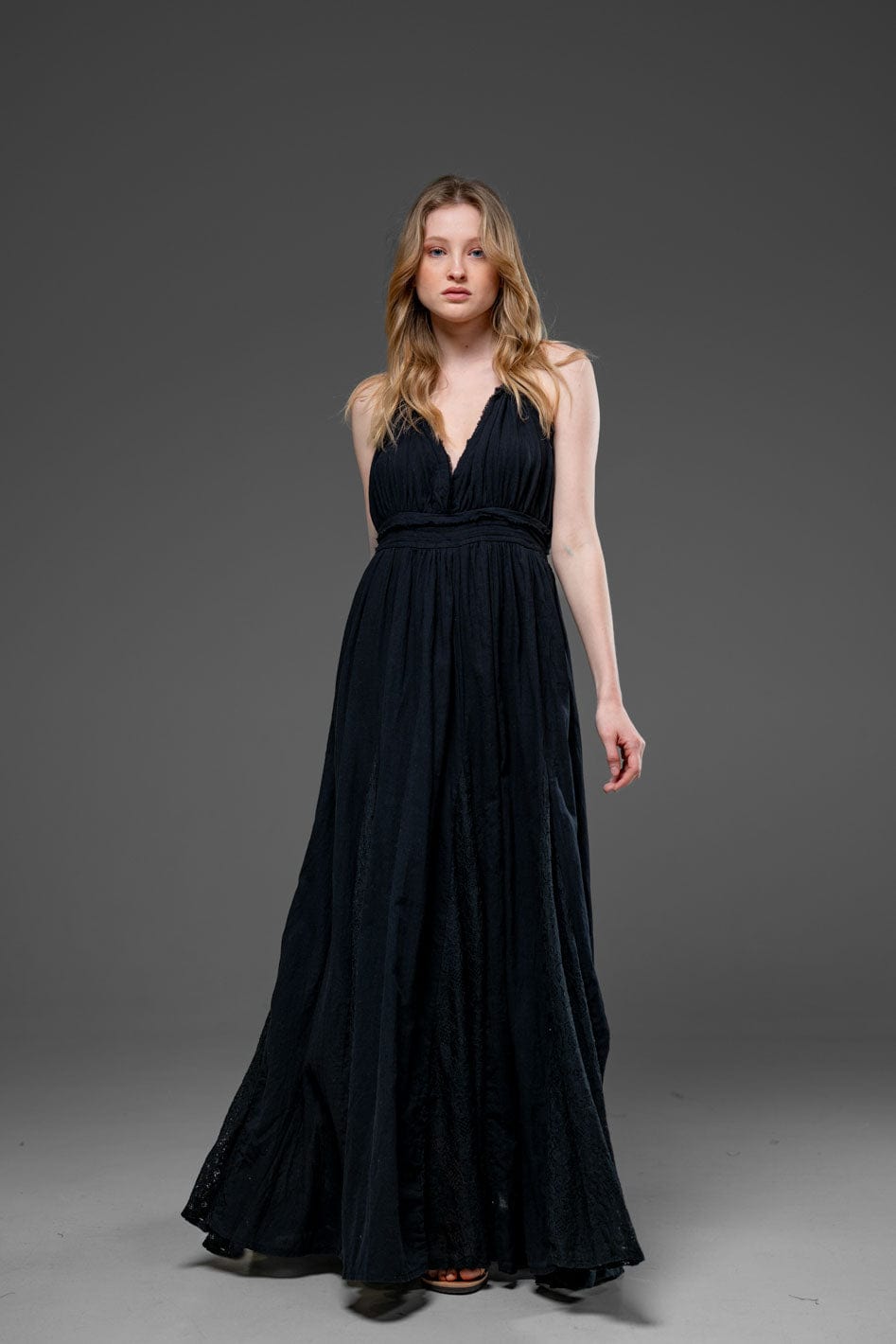 Black Cotton Romantic Lace Detail Strap Long Dress