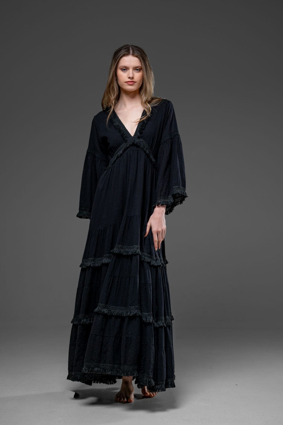 Black Cotton Romantic bohemian  long bell sleeve Long dress