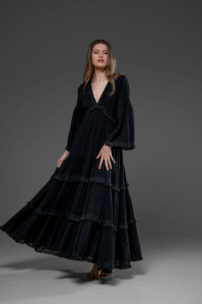 Black Cotton Romantic bohemian  long bell sleeve Long dress