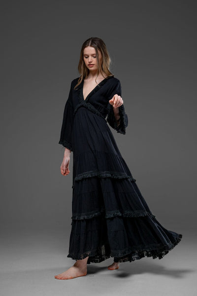 Black Cotton Romantic bohemian  long bell sleeve Long dress