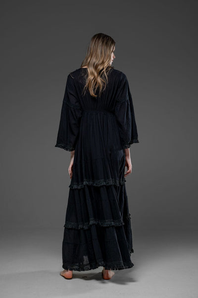 Black Cotton Romantic bohemian  long bell sleeve Long dress