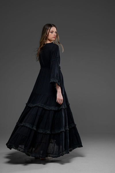 Black Cotton Romantic bohemian  long bell sleeve Long dress