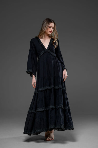 Black Cotton Romantic bohemian  long bell sleeve Long dress