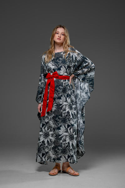 Black Lotus Flower Pattern Digital Print with Side Round splits Long Kaftan Dress With Belt 