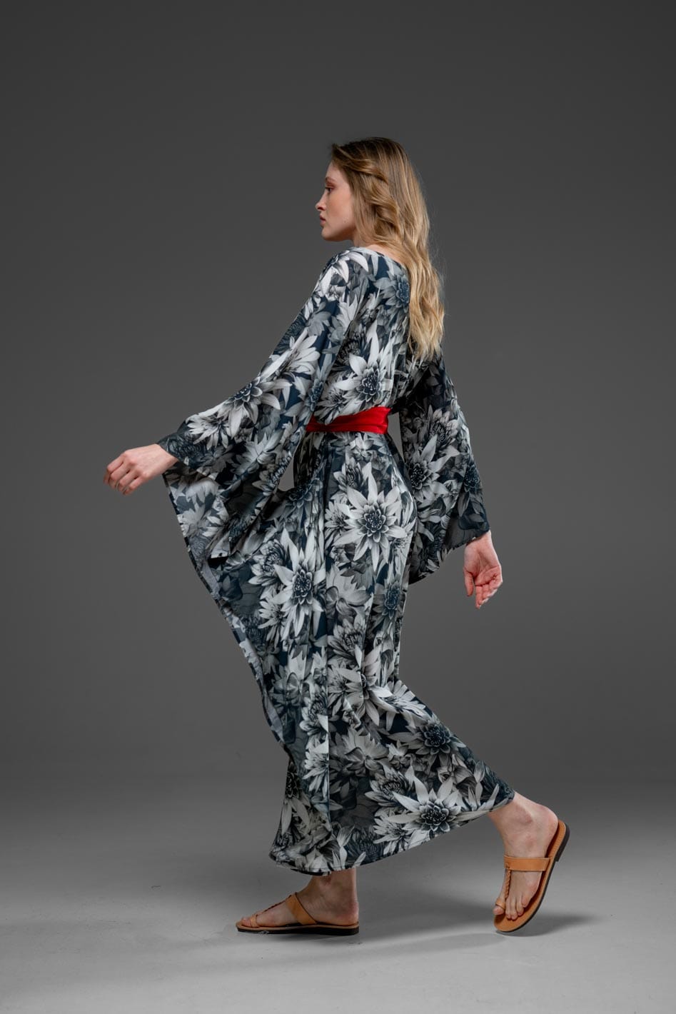 Black Lotus Flower Pattern Digital Print with Side Round splits Long Kaftan Dress With Belt 