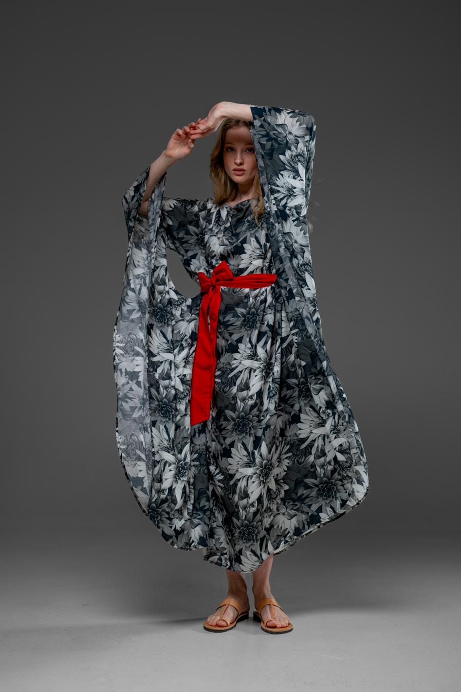 Black Lotus Flower Pattern Digital Print with Side Round splits Long Kaftan Dress With Belt 