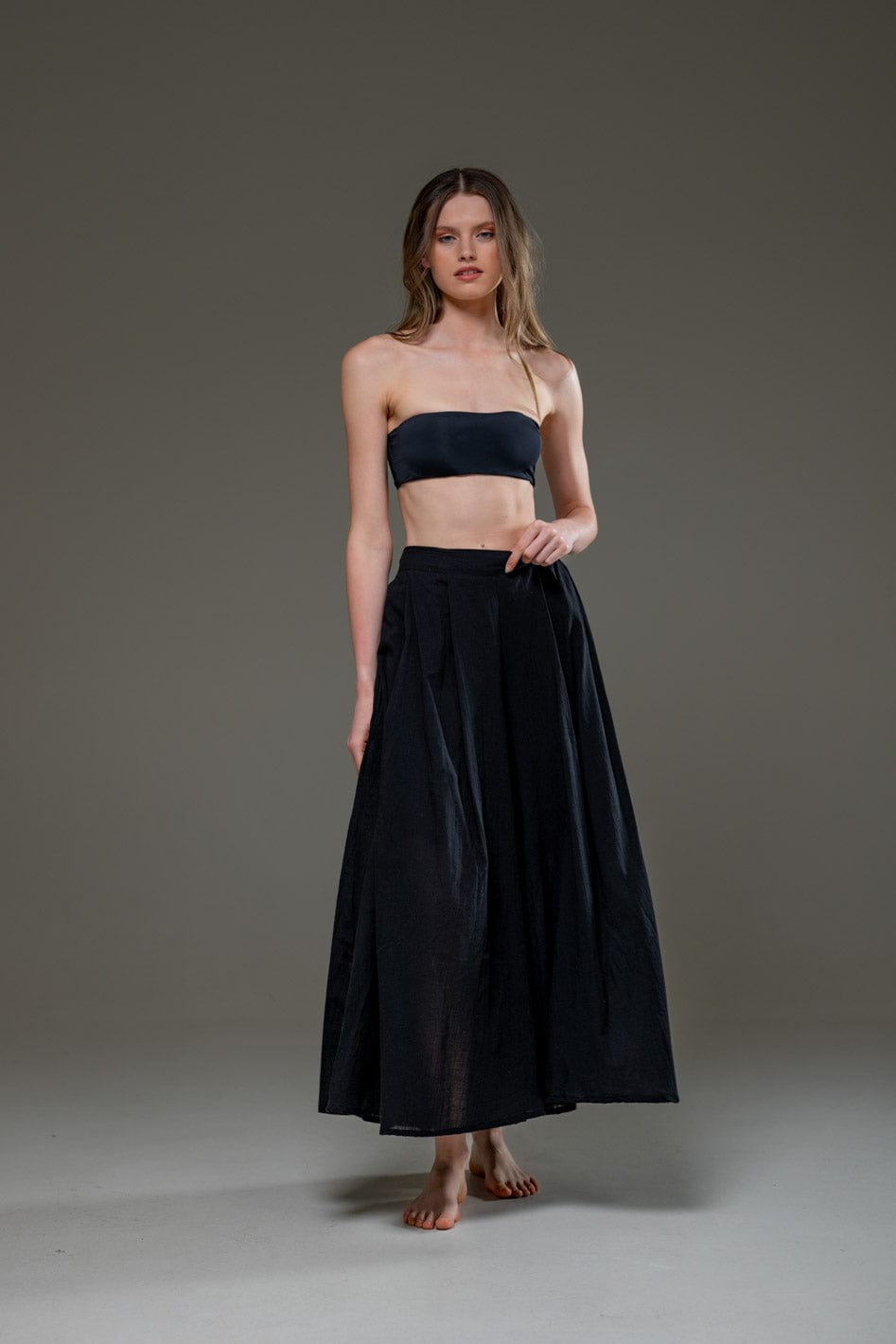 Black Organic Cotton Full Length Elastic Waistline Wide Pants