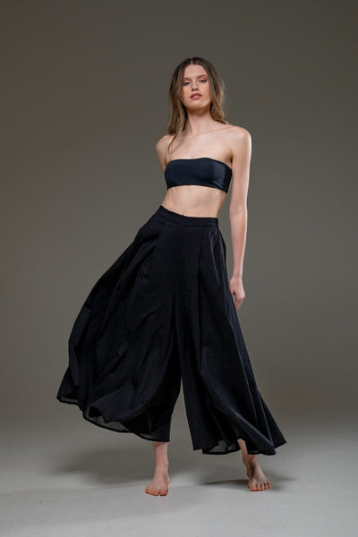 Black Organic Cotton Full Length Elastic Waistline Wide Pants