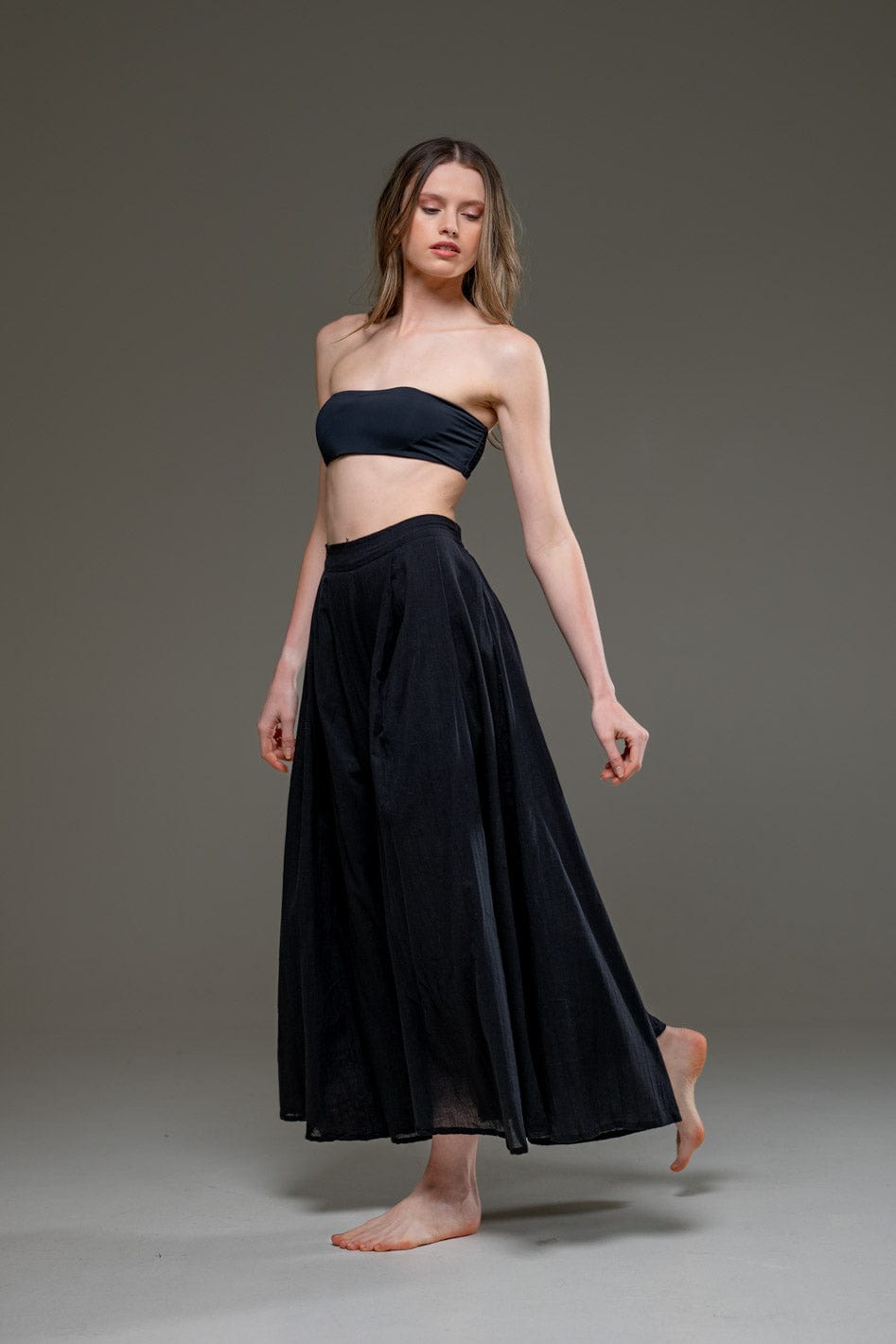 Black Organic Cotton Full Length Elastic Waistline Wide Pants