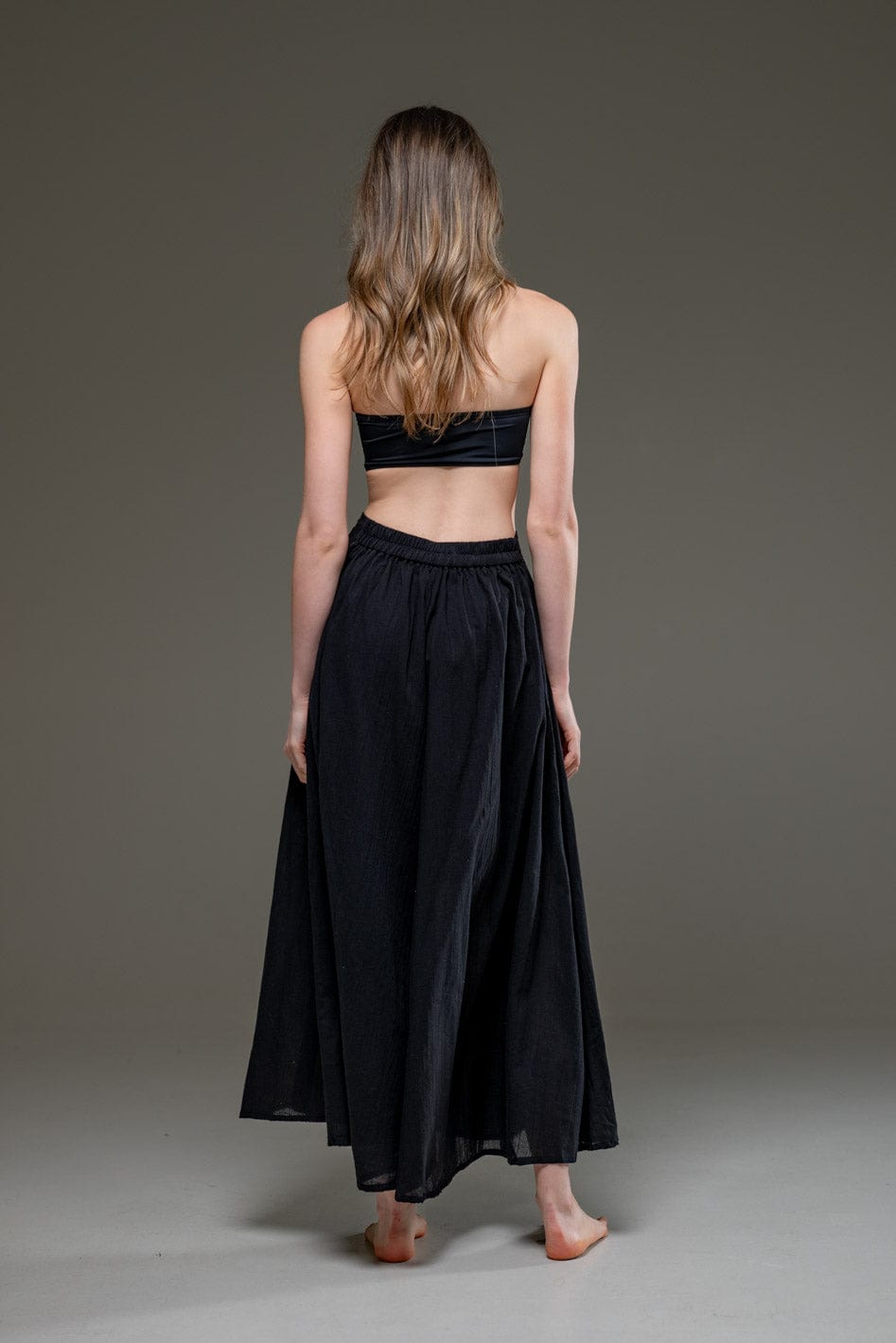 Black Organic Cotton Full Length Elastic Waistline Wide Pants