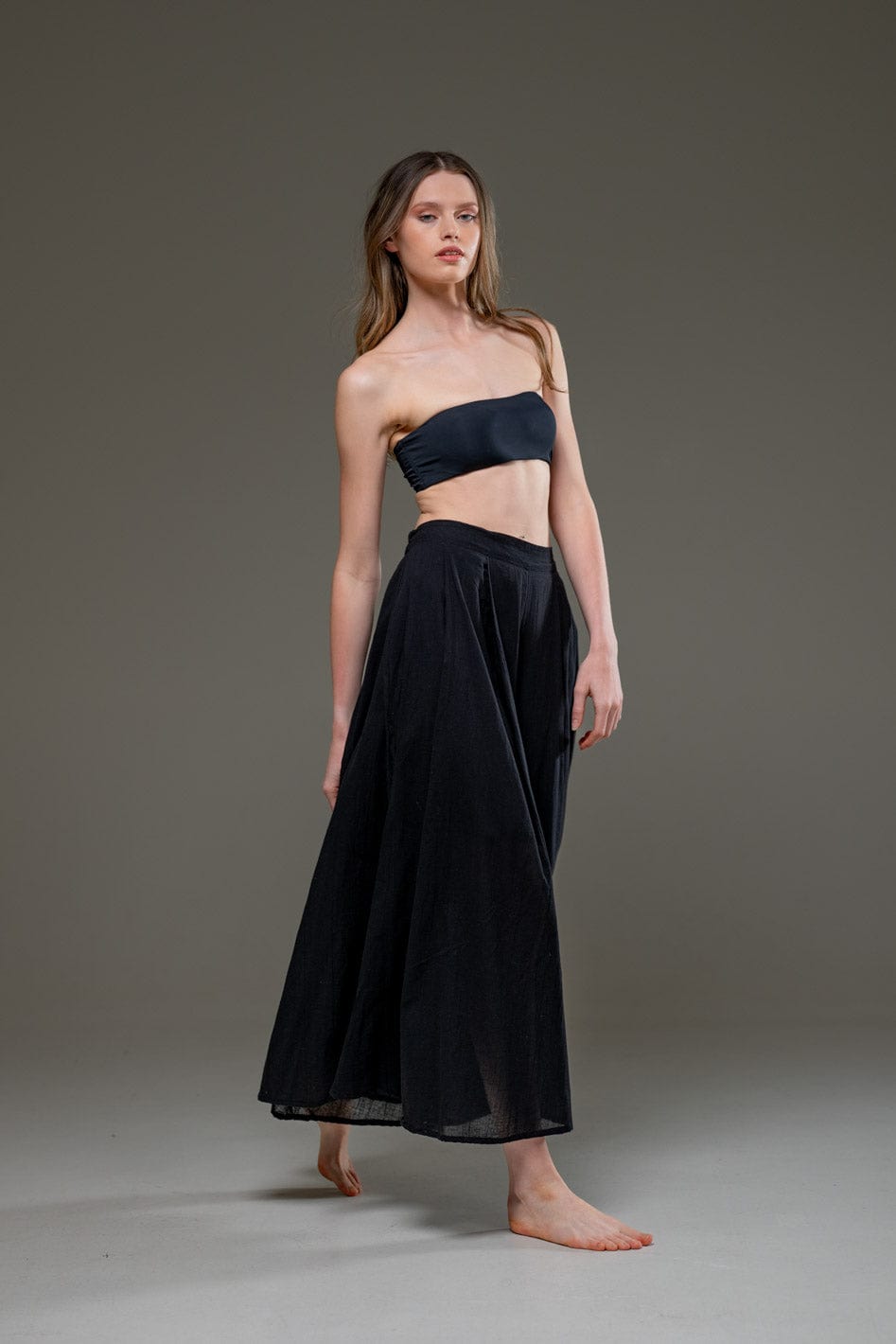 Black Organic Cotton Full Length Elastic Waistline Wide Pants