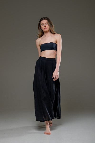 Black Organic Cotton Full Length Elastic Waistline Wide Pants