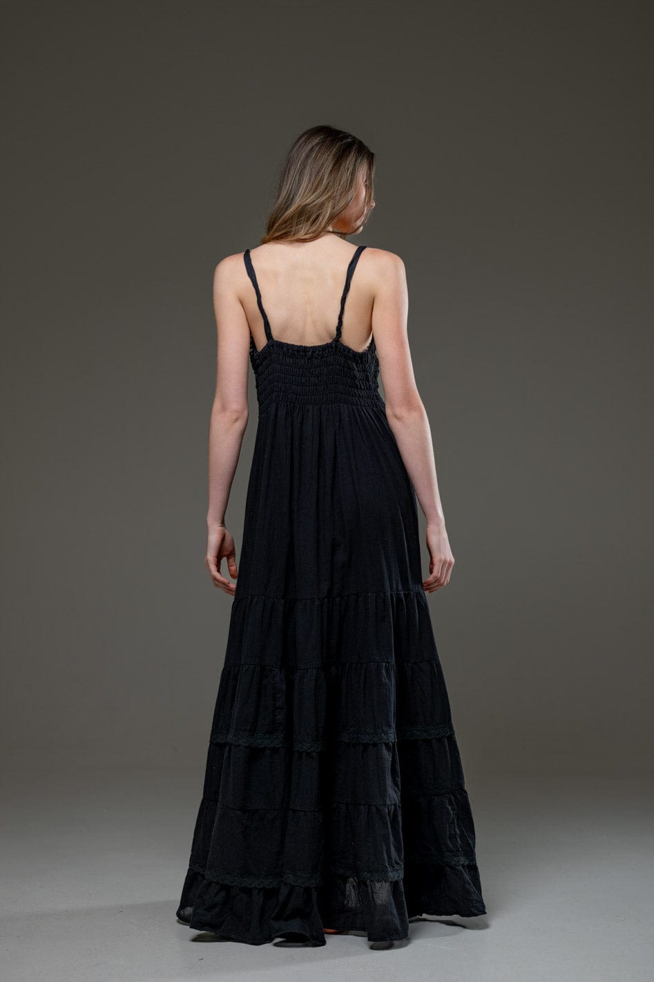 Black Organic Cotton Spaghetti Strap Ruffled hemline Long Dress