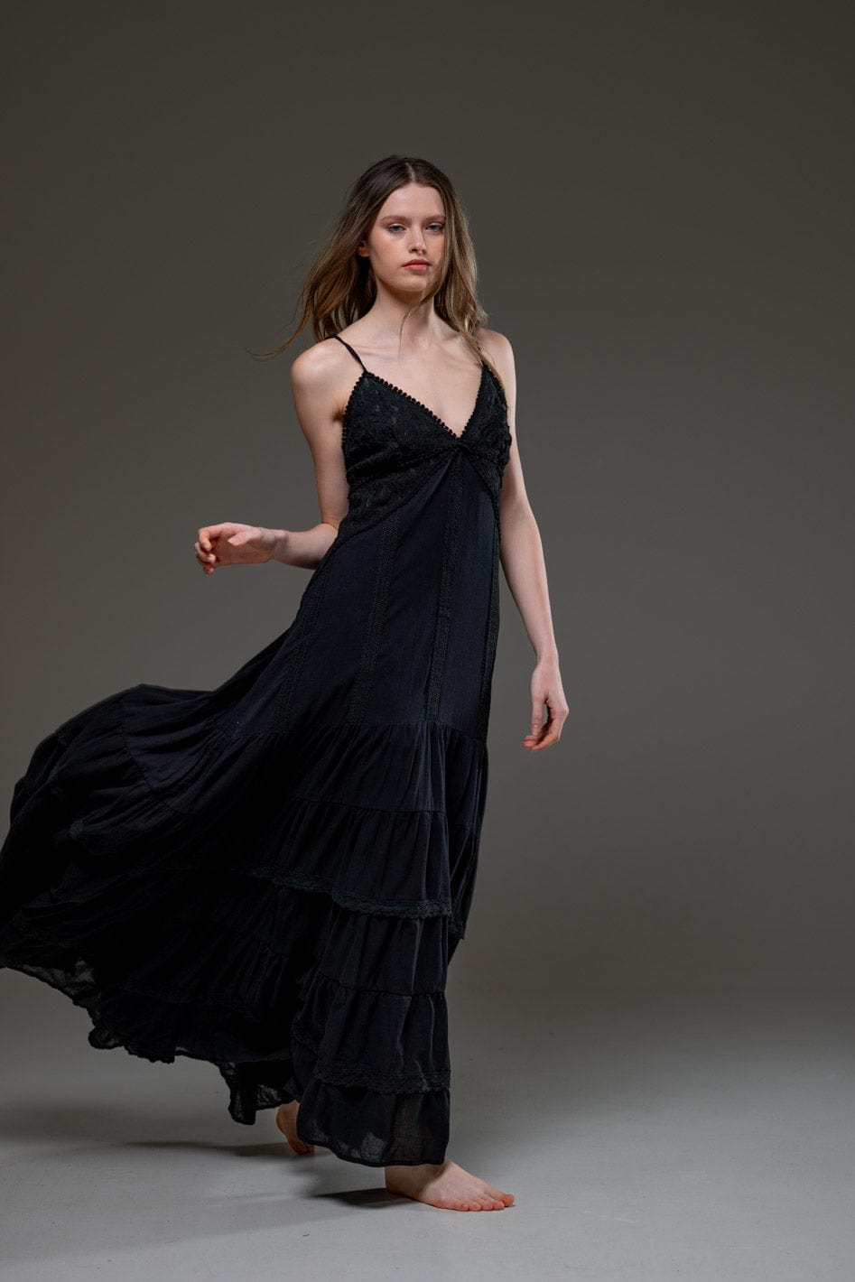 Black Organic Cotton Spaghetti Strap Ruffled hemline Long Dress