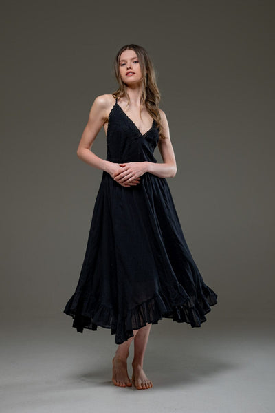 Black Organic Cotton V neckline Ruffled hemline Spaghetti Straps Smocked back Dress