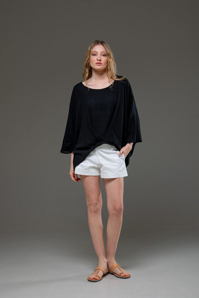 Black Rayon Crepe Elegant Chic Flowing Batwings Scoop neck Blouse