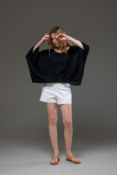 Black Rayon Crepe Elegant Chic Flowing Batwings Scoop neck Blouse