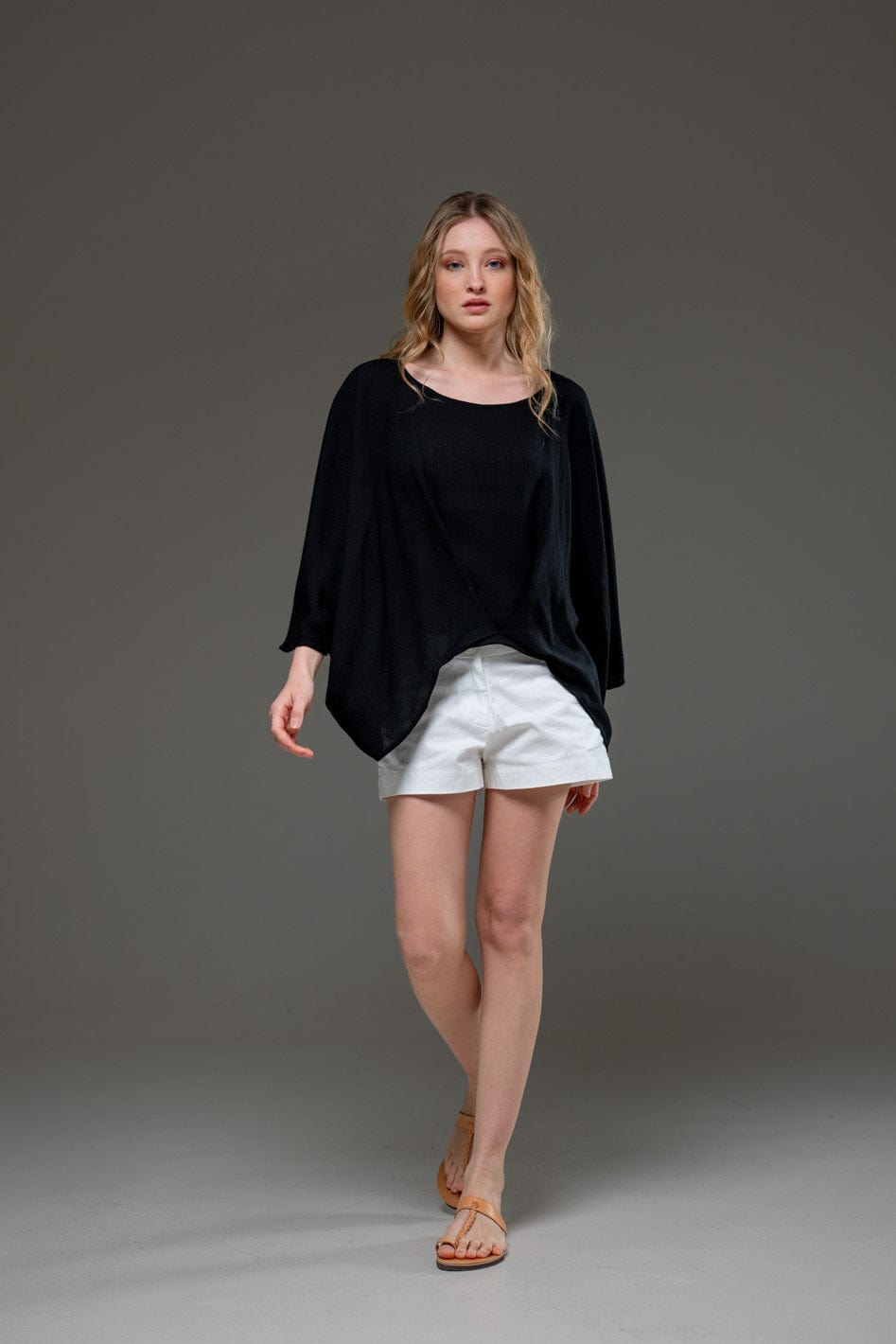 Black Rayon Crepe Elegant Chic Flowing Batwings Scoop neck Blouse