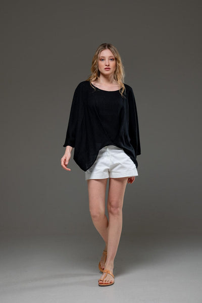 Black Rayon Crepe Elegant Chic Flowing Batwings Scoop neck Blouse