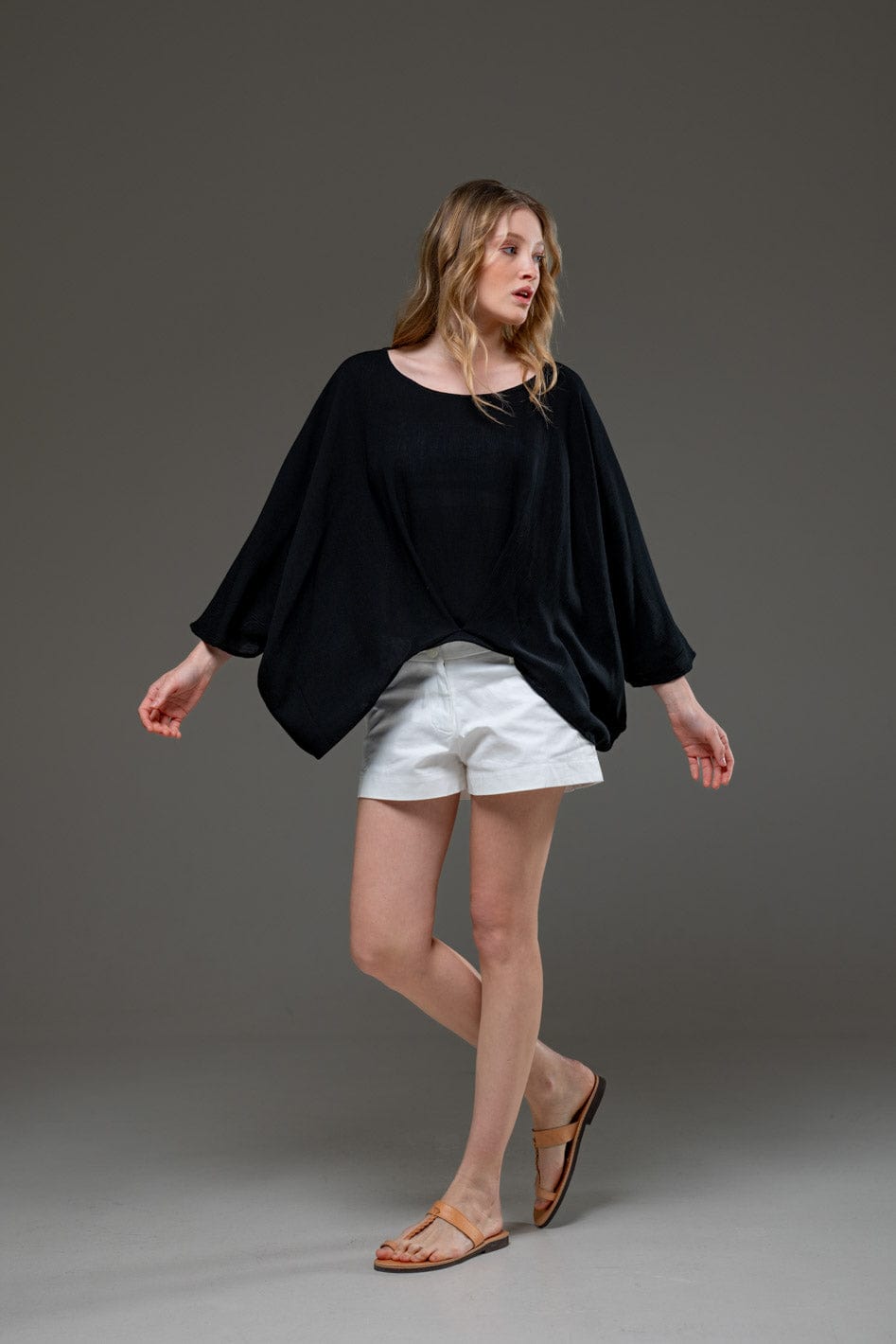 Black Rayon Crepe Elegant Chic Flowing Batwings Scoop neck Blouse