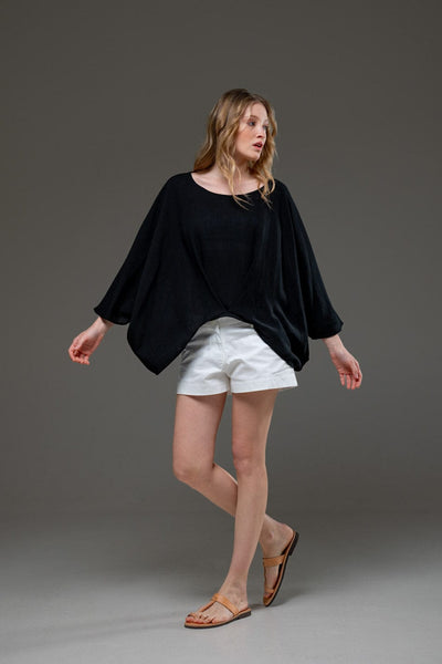 Black Rayon Crepe Elegant Chic Flowing Batwings Scoop neck Blouse