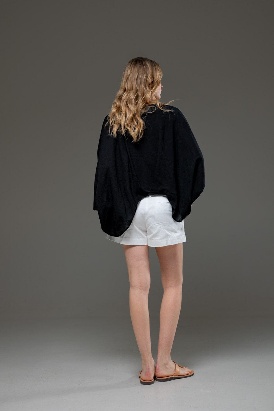 Black Rayon Crepe Elegant Chic Flowing Batwings Scoop neck Blouse