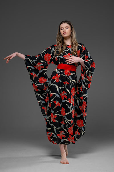 Black and Red Flower Pattern with Side Round splits Long Kaftan Dress With Belt 