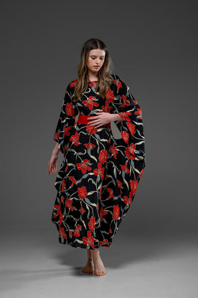 Black and Red Flower Pattern with Side Round splits Long Kaftan Dress With Belt 