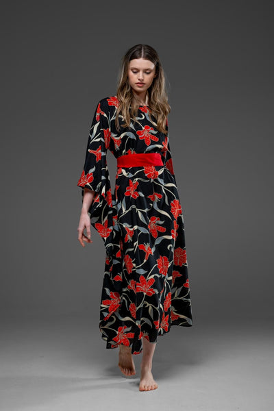 Black and Red Flower Pattern with Side Round splits Long Kaftan Dress With Belt 