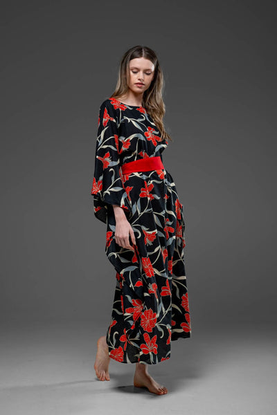 Black and Red Flower Pattern with Side Round splits Long Kaftan Dress With Belt 