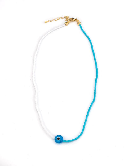 Blue and white miyuki seed beads asymmetric  evil eye necklace