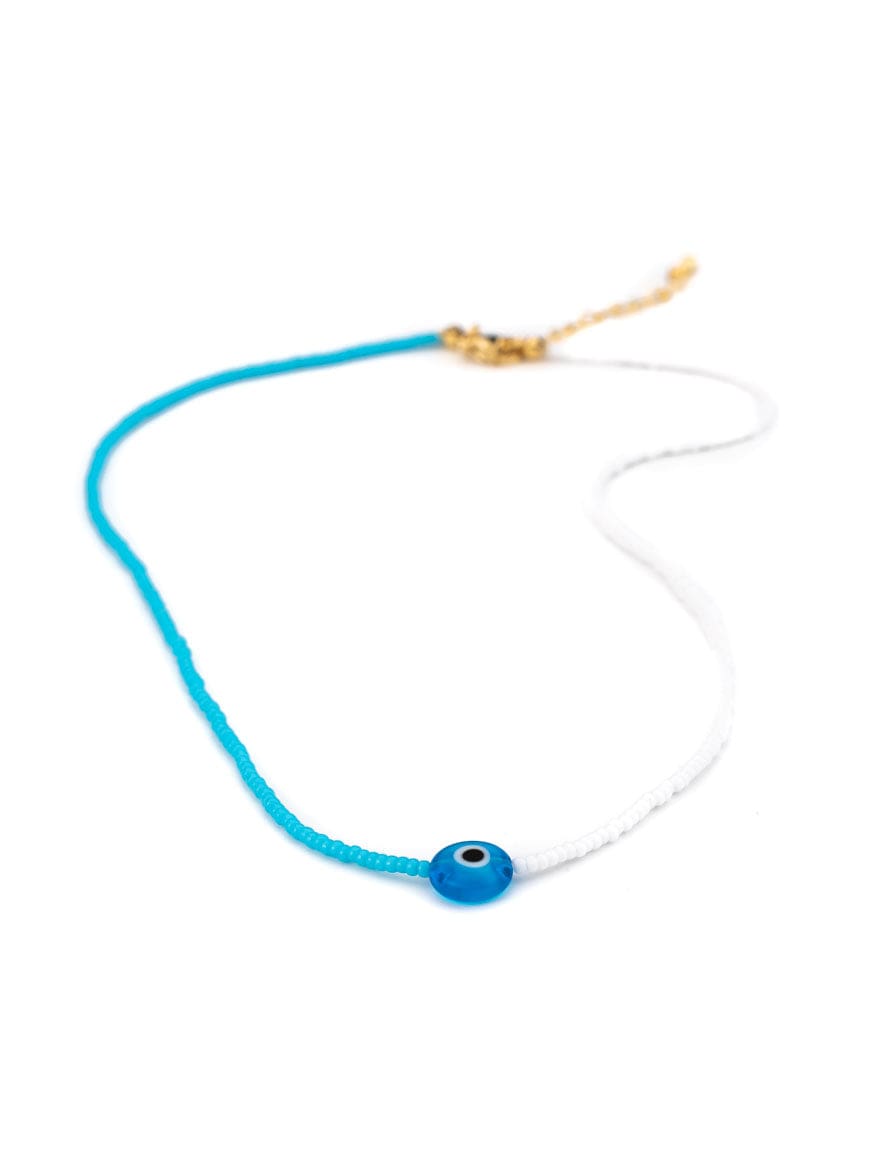 Blue and white miyuki seed beads asymmetric  evil eye necklace