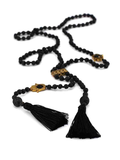 Bohemian Lava Stone Tassel Double Rosary Necklace