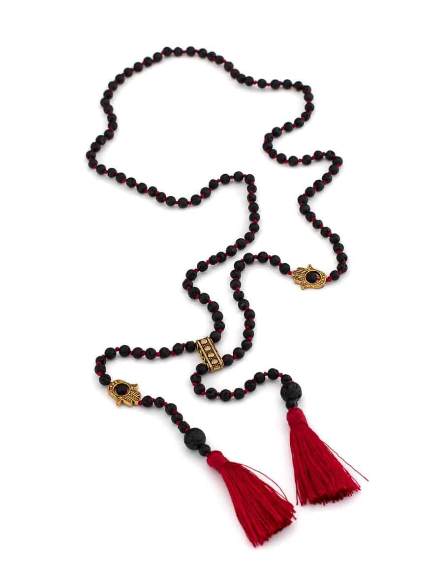 Bohemian Lava Stone Tassel Double Rosary Necklace