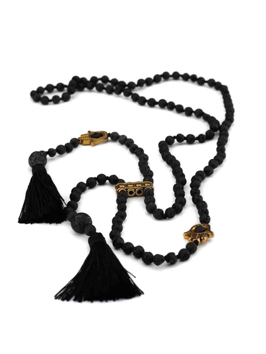 Bohemian Lava Stone Tassel Double Rosary Necklace