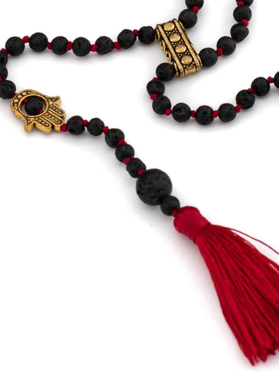 Bohemian Lava Stone Tassel Double Rosary Necklace