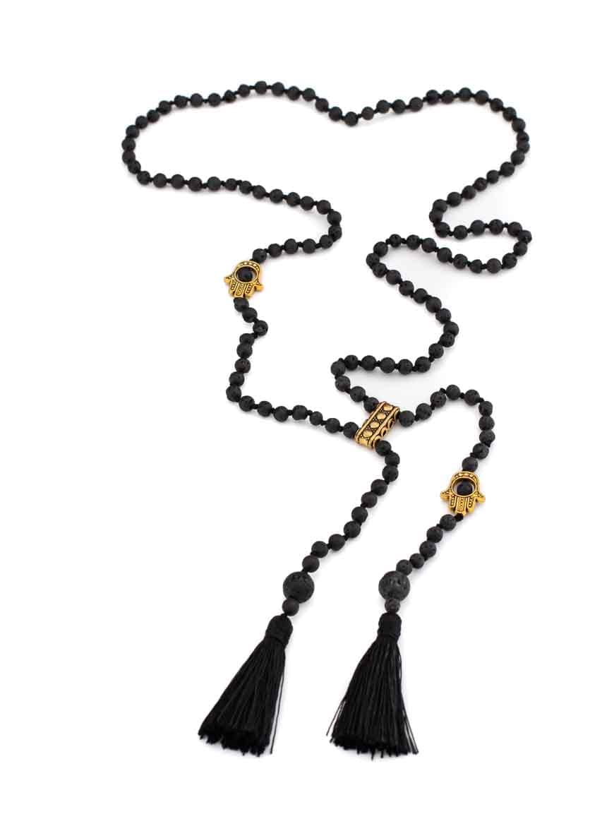 Bohemian Lava Stone Tassel Double Rosary Necklace