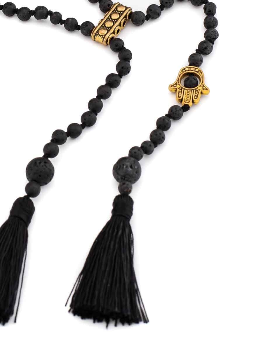 Bohemian Lava Stone Tassel Double Rosary Necklace