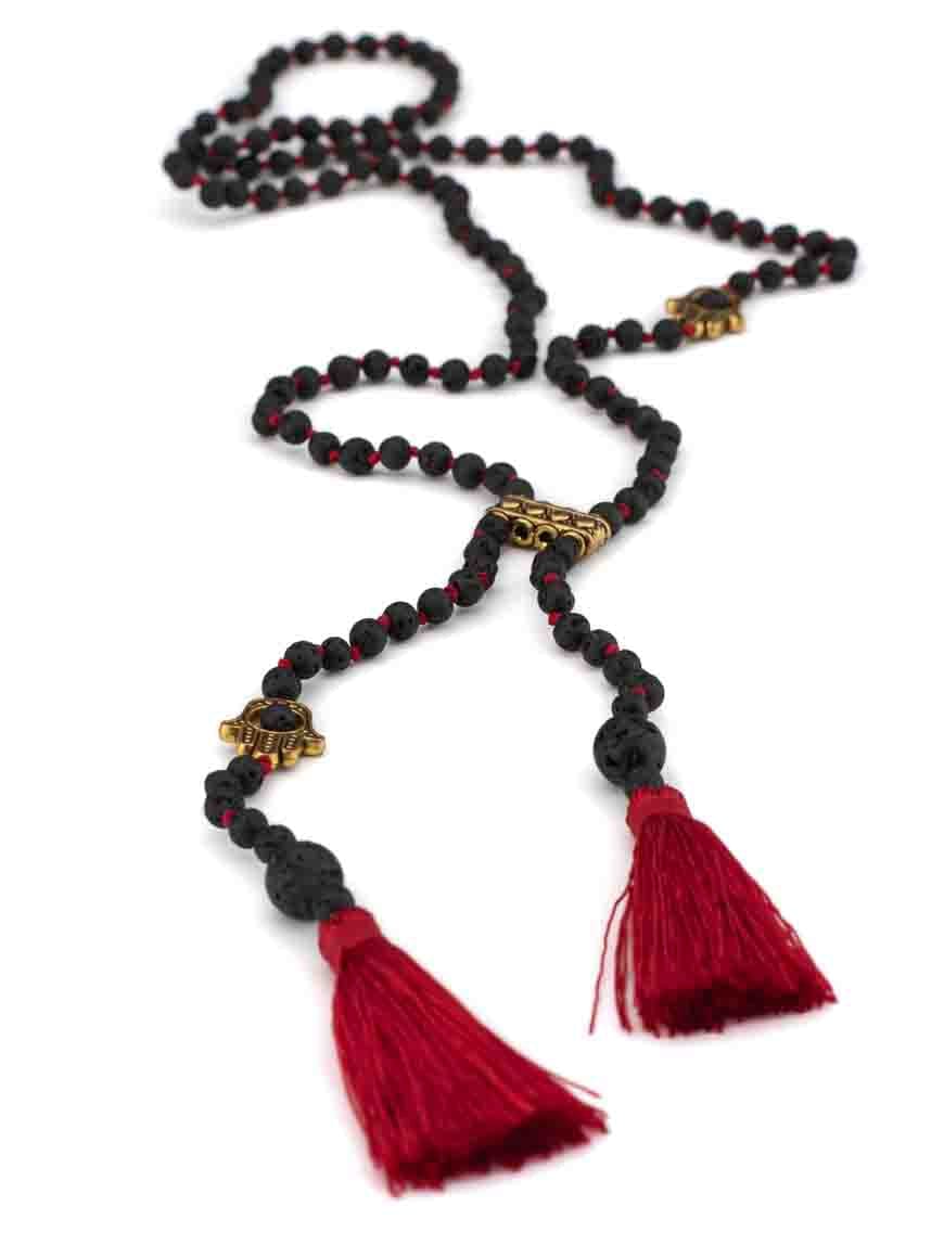 Bohemian Lava Stone Tassel Double Rosary Necklace